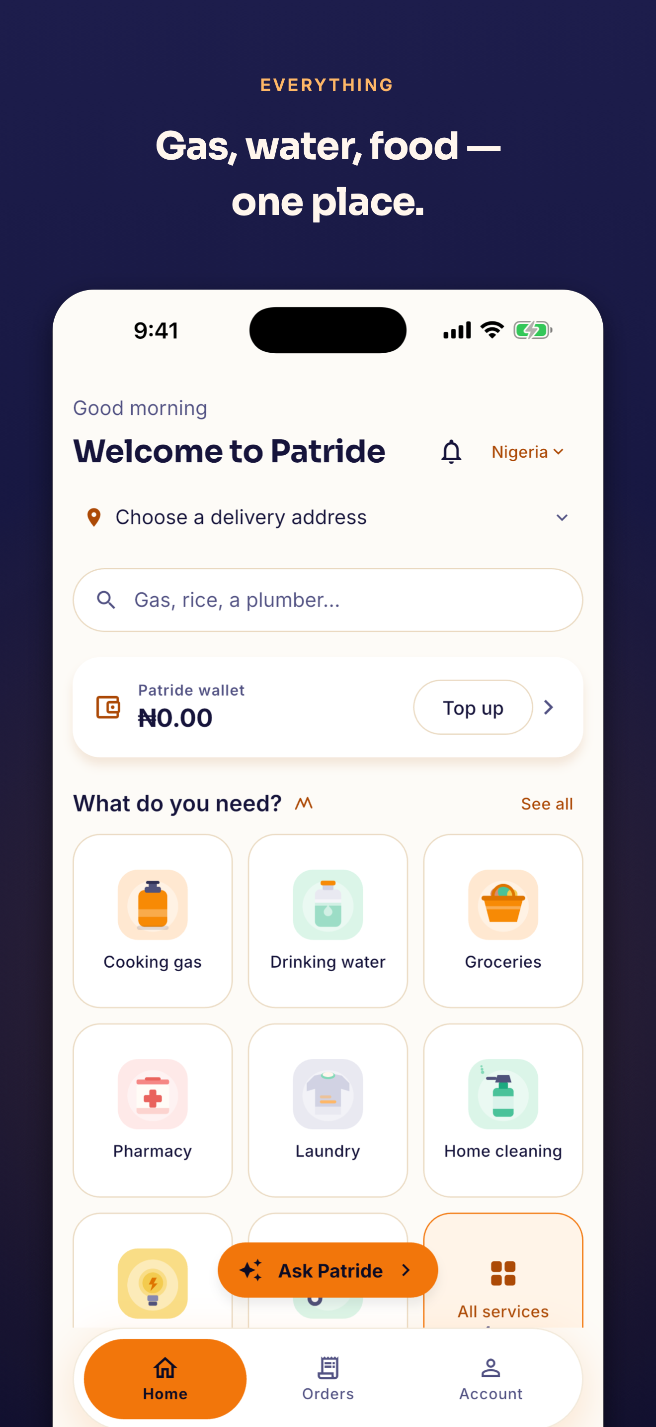 The Patride home screen: a delivery address, a search box reading “Gas, rice, a plumber…”, a wallet balance, and tiles for cooking gas, drinking water, groceries, pharmacy, laundry and home cleaning