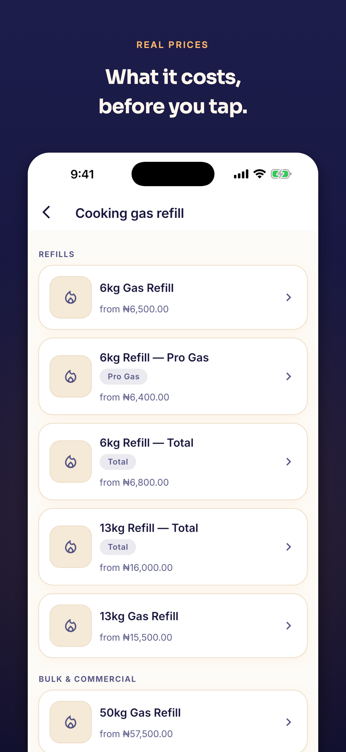 A cooking gas refill list showing 6kg, 13kg and 50kg refills by brand, each with a starting price in naira