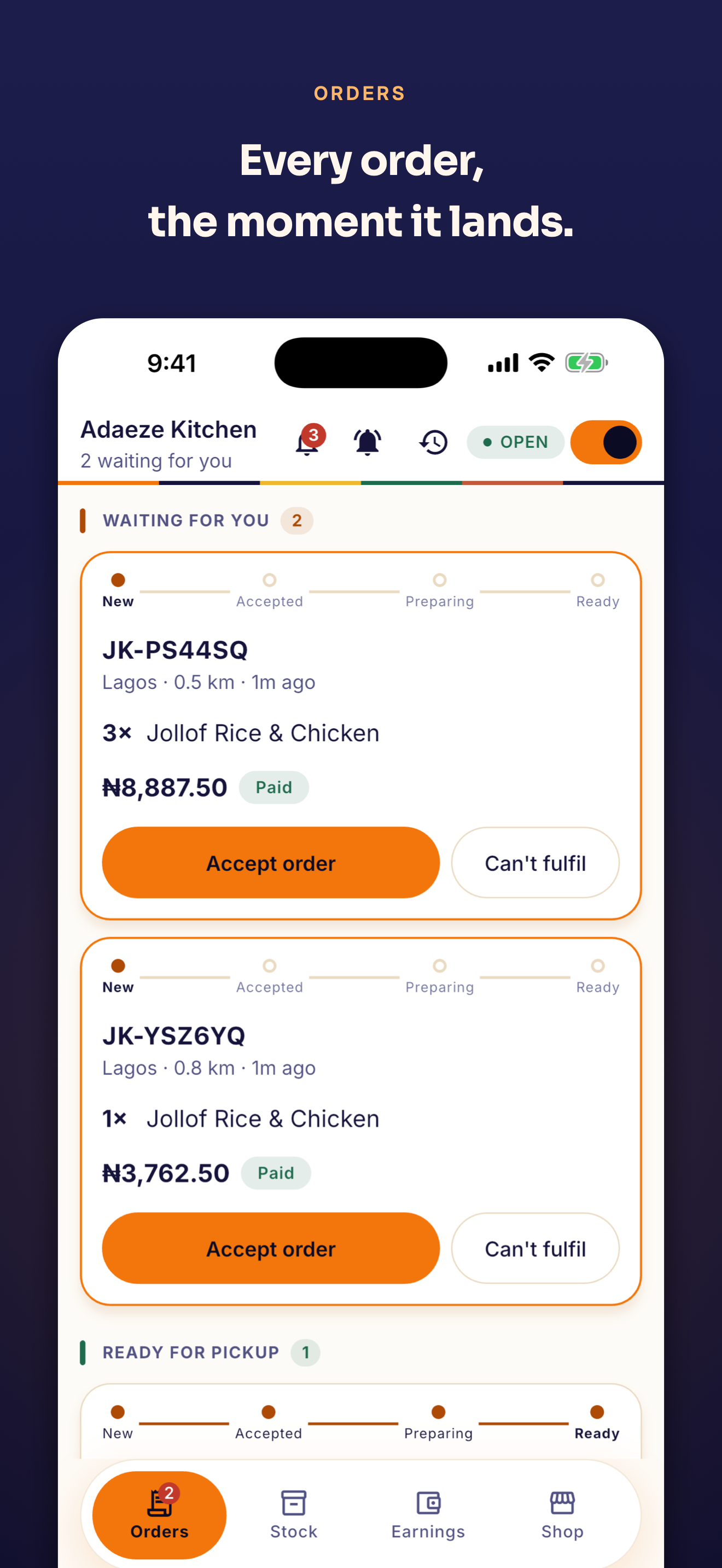 The vendor order queue for Adaeze Kitchen: two paid orders waiting, each with its reference, distance, items and an “Accept order” button