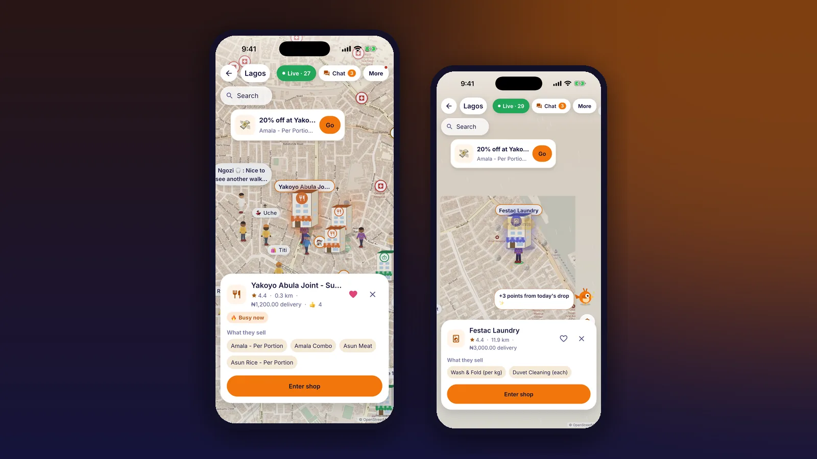 A deal card and shops sparkling with the daily drop on the Patride map