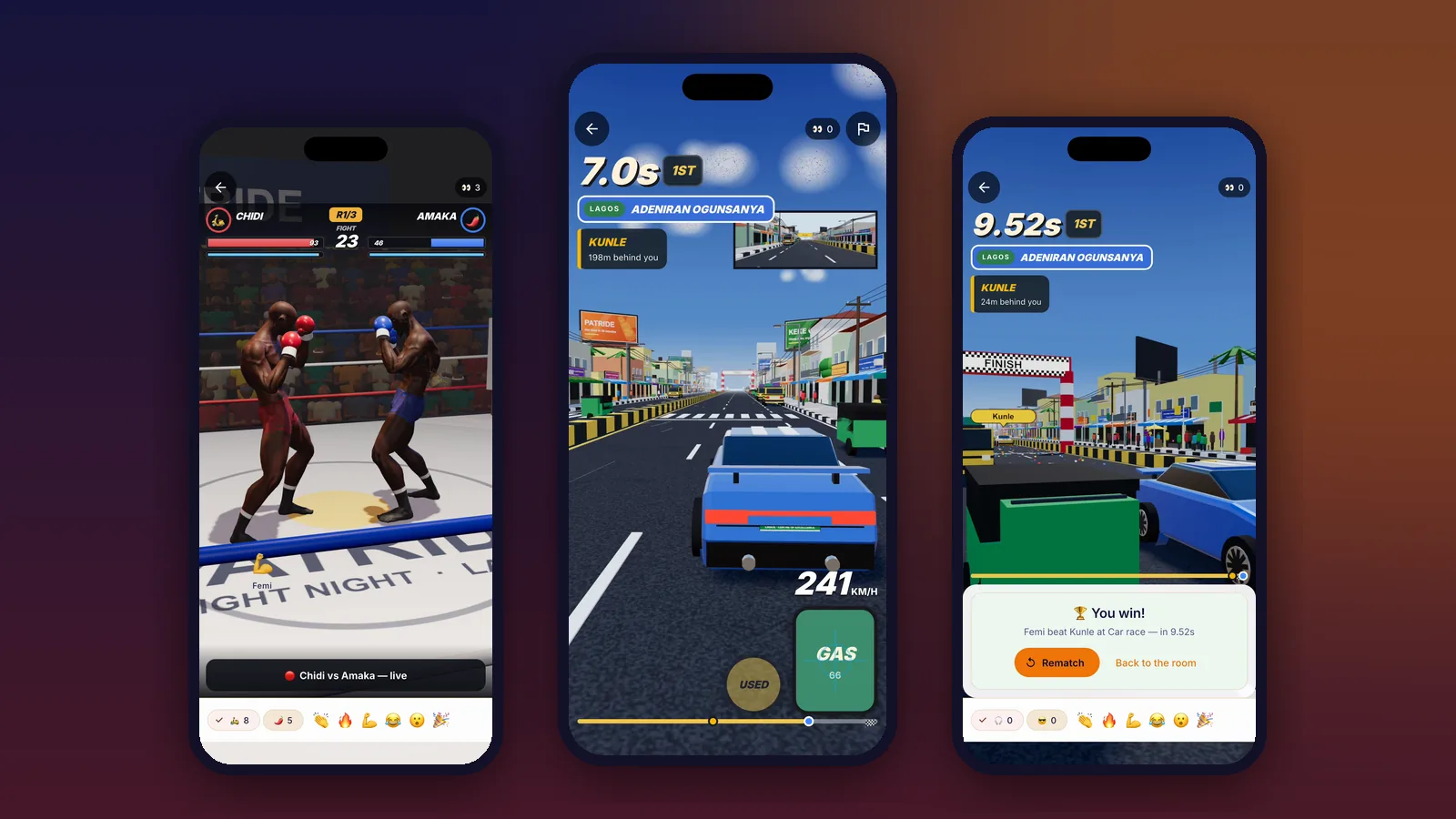 A street race through Lagos and a boxing match, played inside the Patride app