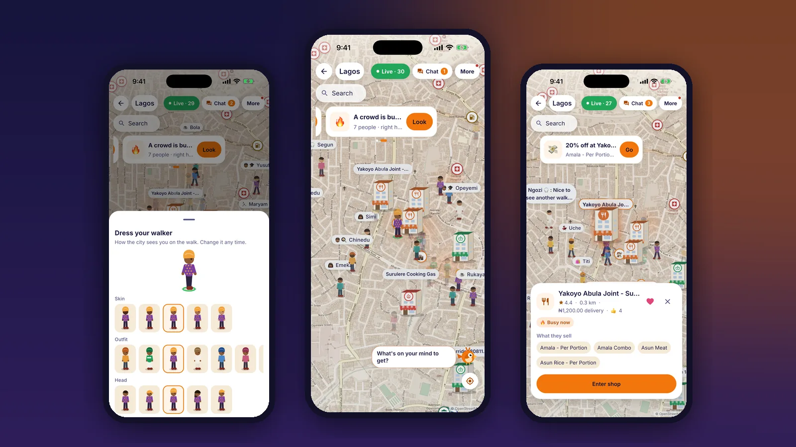 The Patride city map: shops drawn as little buildings, other people walking, a deal on the way