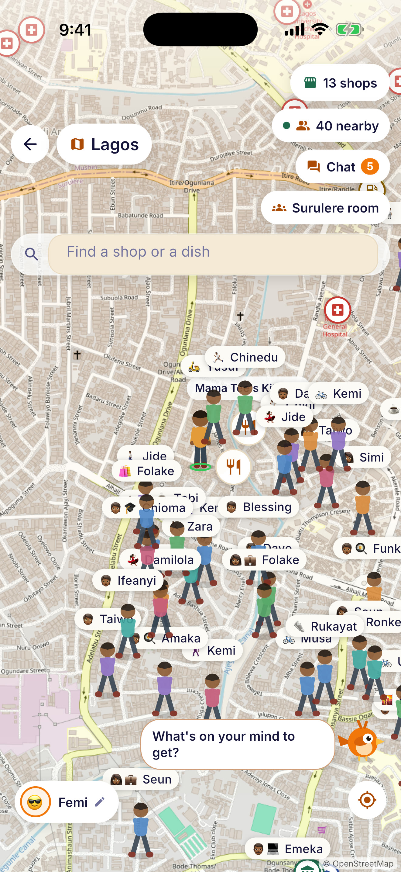 The city map: walkers out now, shops and places nearby