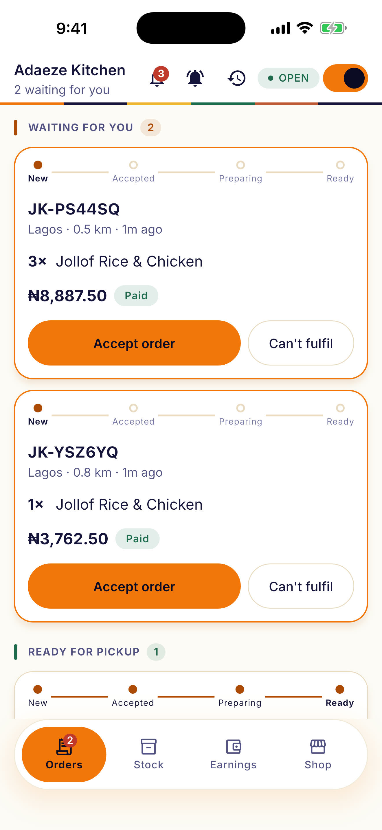 The vendor app: orders waiting for a shop